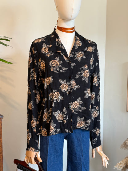 Vintage 1980s Black Floral Rose Print Button Front Blouse - Size Medium