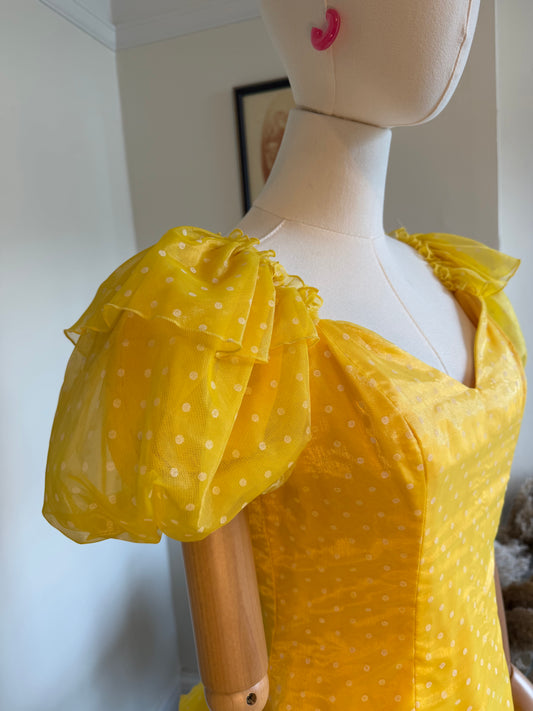 Vintage 1980s John Charles Yellow Polka Dot Ra Ra Dress - Size Small