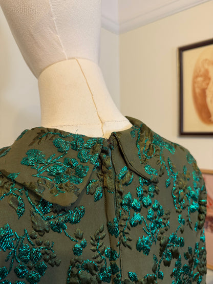Vintage 1960s Floral Green Jacquard Column Dress - Size Medium