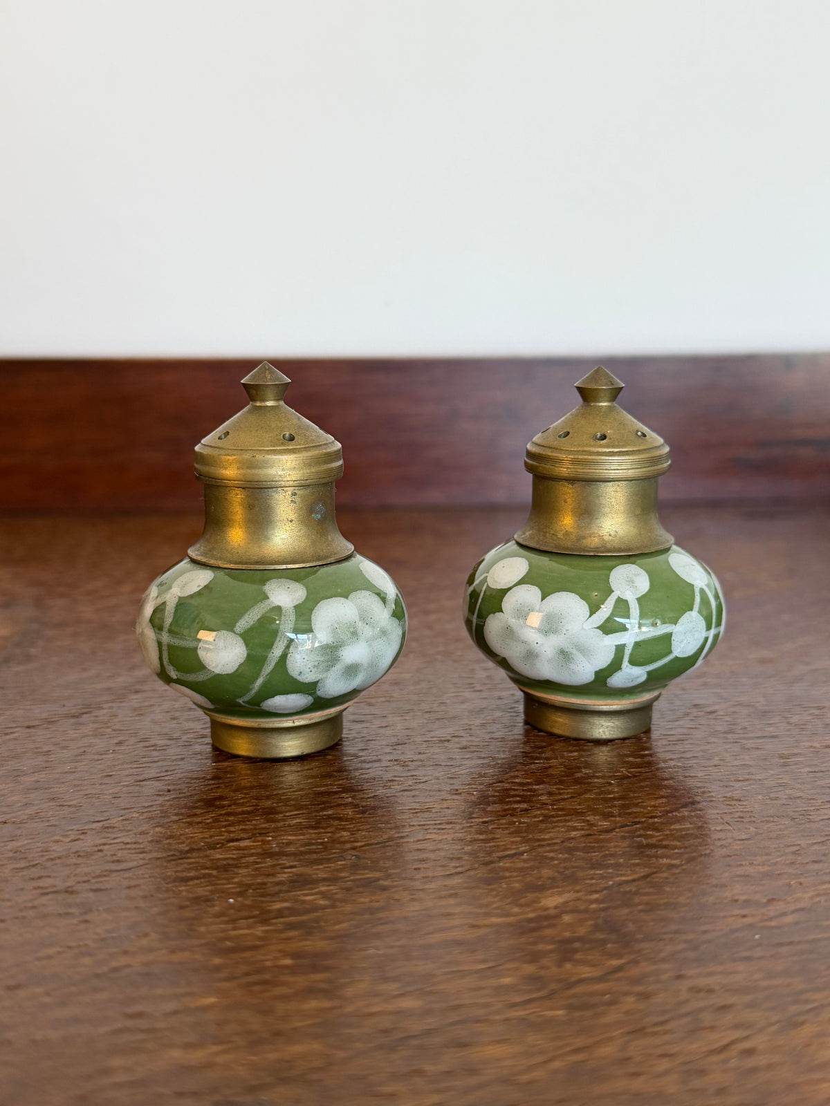 Vintage 1970s Hand Painted Thai Green Floral Ceramic Condiment Set