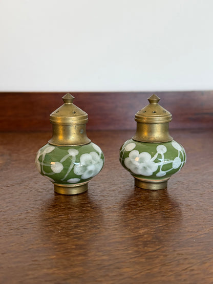 Vintage 1970s Hand Painted Thai Green Floral Ceramic Condiment Set