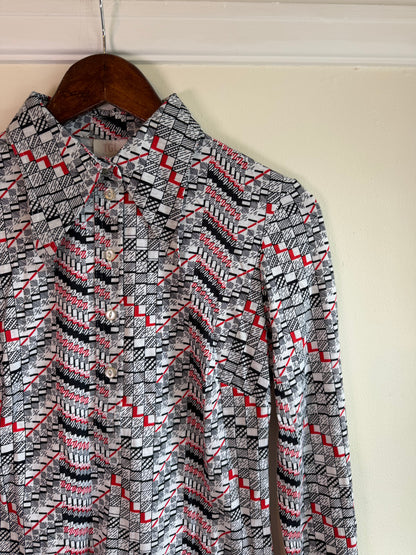 Vintage 1970s Red Black and White Geometric Print Long Sleeve Blouse - Size Small/Medium