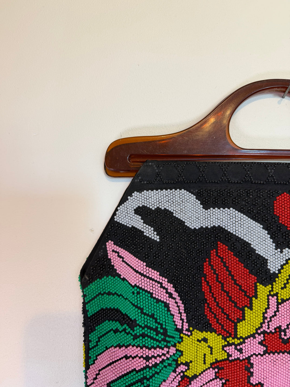 Vintage 1970s Colourful Beaded Cockerel Tapestry Bag with Lucite Handle