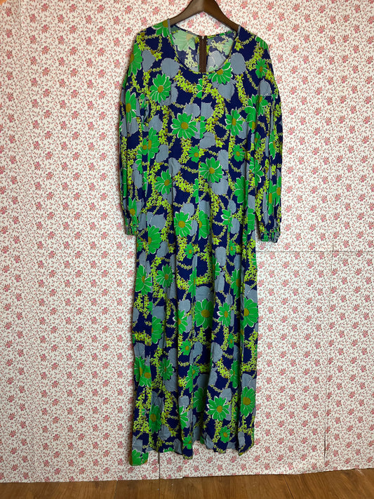 Vintage 1970s Handmade Long Sleeve Floral Maxi Dress in Blue & Green