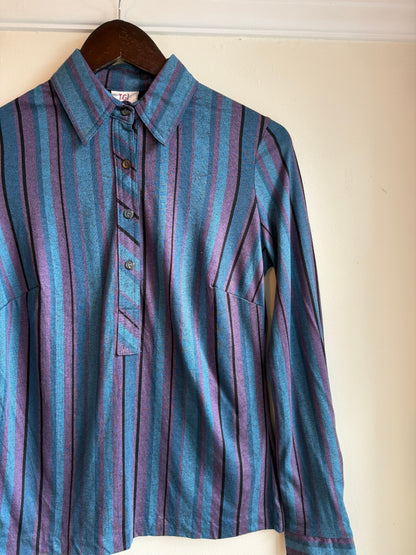Vintage 1970s Blue and Purple Striped Long Sleeve Blouse - Size Small