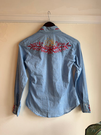 Vintage 1970s Embroidered Indian Cotton Western Shirt - Size X Small