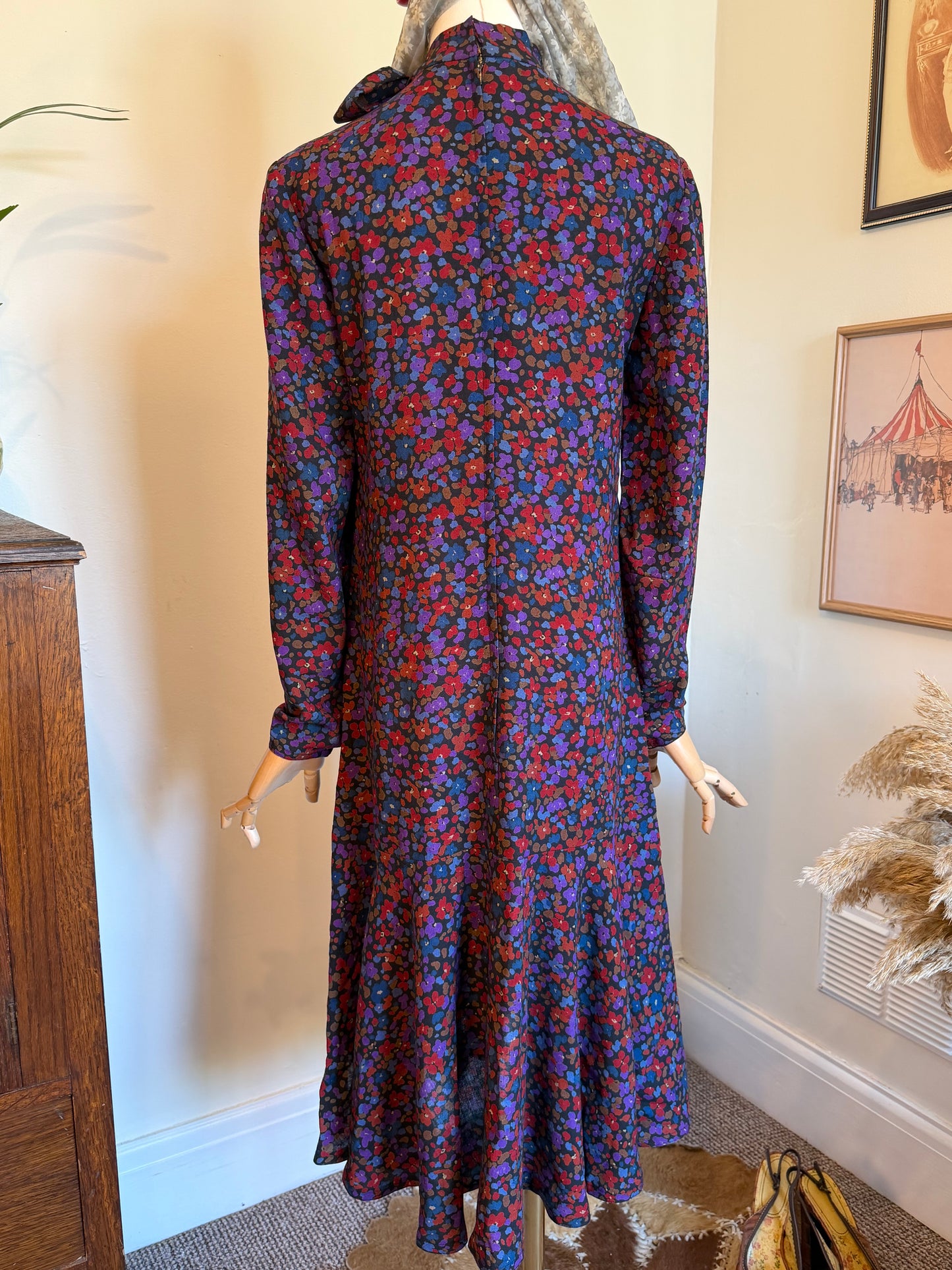 Vintage 1970s Wool Blend Ditsy Print Midi Dress - Size Small/Medium