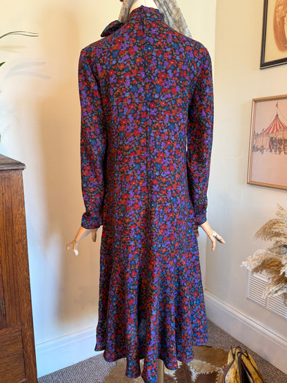 Vintage 1970s Wool Blend Ditsy Print Midi Dress - Size Small/Medium