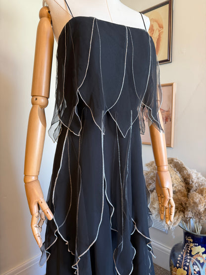 Vintage 1970s Vera Mont Black & Silver Handkerchief Dress - Size Small