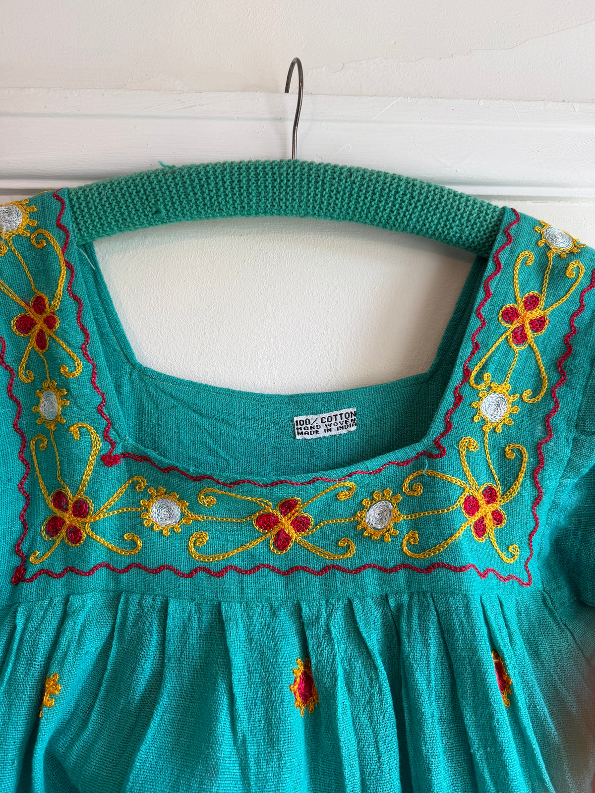 Vintage 1970s Turquoise Embroidered Cotton Smock Top - Size Medium
