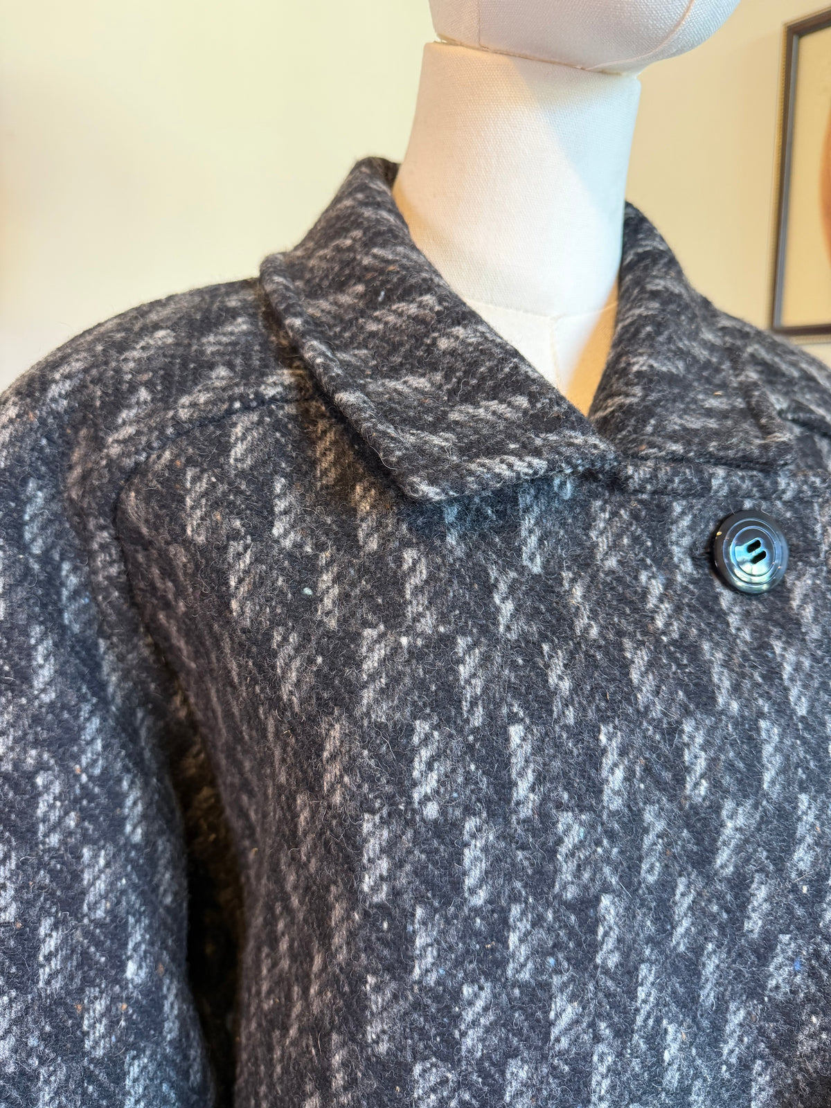 Vintage 1980s St Michael Pure New Wool Grey Herringbone Double Breasted Coat - Size X Large