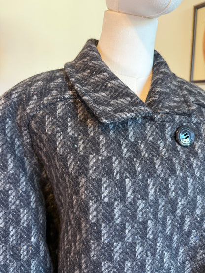 Vintage 1980s St Michael Pure New Wool Grey Herringbone Double Breasted Coat - Size X Large
