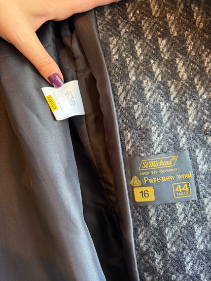Vintage 1980s St Michael Pure New Wool Grey Herringbone Double Breasted Coat - Size X Large