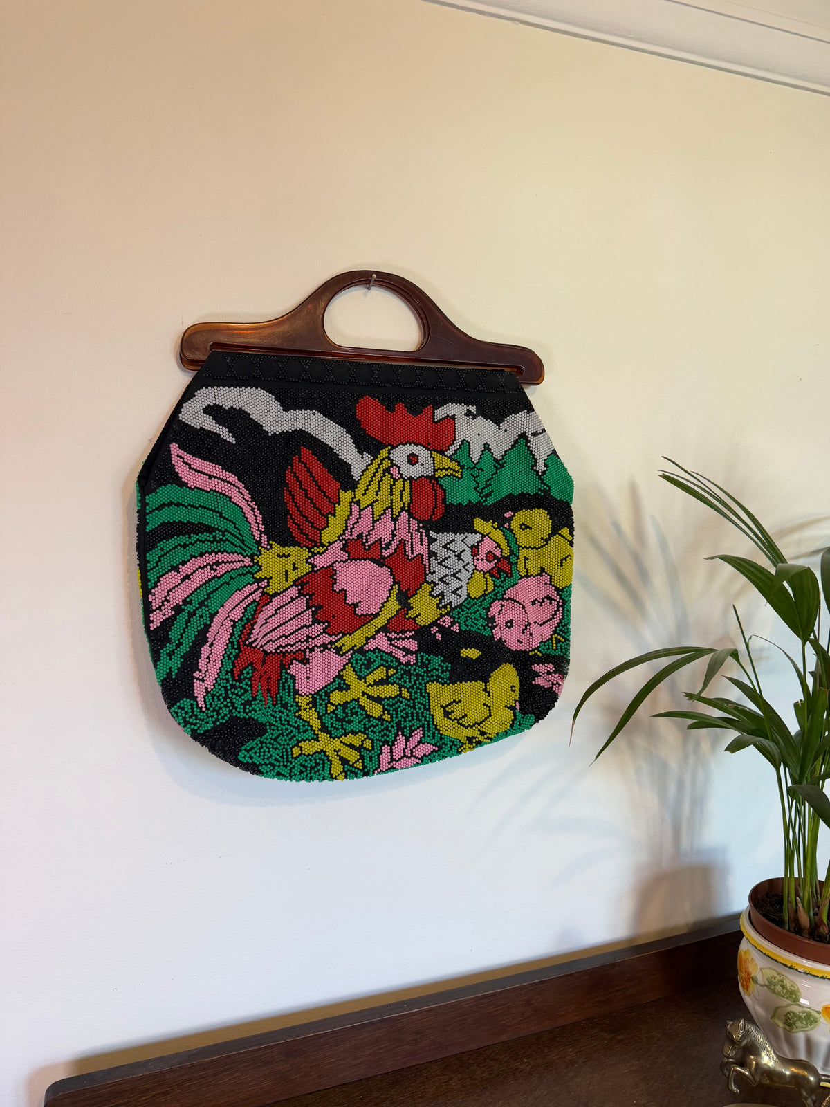 Vintage 1970s Colourful Beaded Cockerel Tapestry Bag with Lucite Handle
