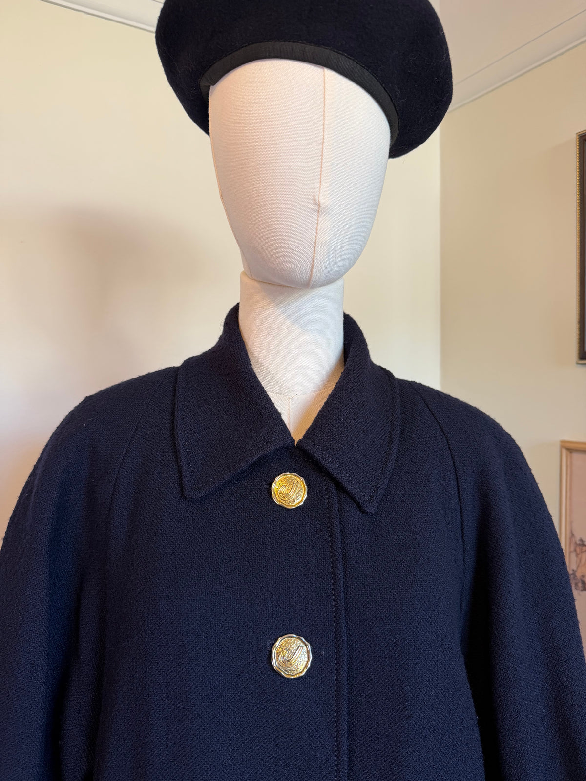 Vintage 1980s Jaeger Navy Blue Pure Wool Gold Button Coat - Size Large