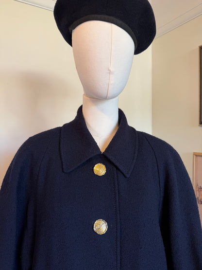 Vintage 1980s Jaeger Navy Blue Pure Wool Gold Button Coat - Size Large