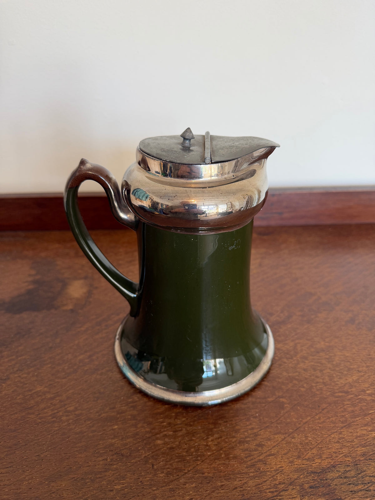Vintage 1950s Green Ceramic and Silver Lidded Jug
