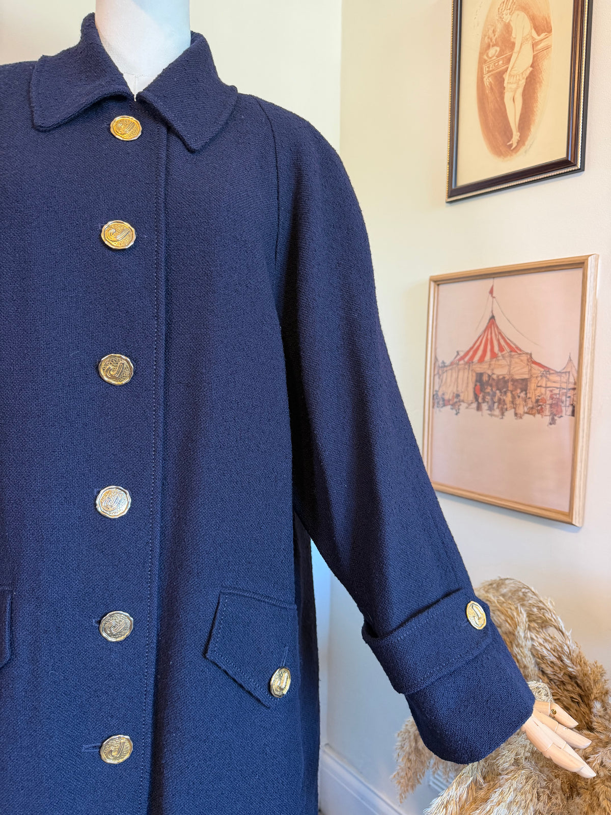 Vintage 1980s Jaeger Navy Blue Pure Wool Gold Button Coat - Size Large
