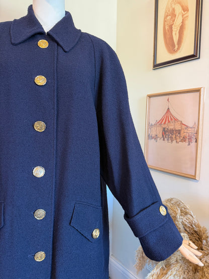 Vintage 1980s Jaeger Navy Blue Pure Wool Gold Button Coat - Size Large