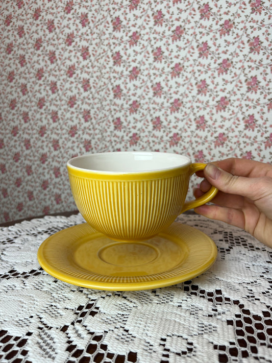 Vintage Large Ribbed Yellow Bowl Cup & Saucer