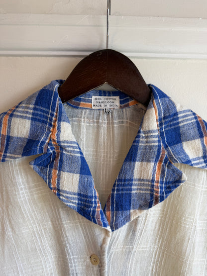 Vintage 1970s Blue Checked Collar Cotton Tie Front Blouse - Size Small/Medium