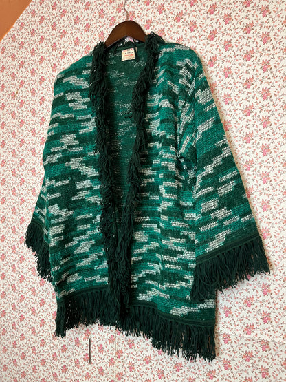 Vintage 1970s Green Tassel Knit Cardigan