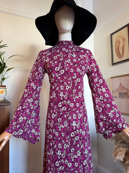Vintage 1970s Purple Floral High Neck Bell Sleeve Maxi Dress - Size Small