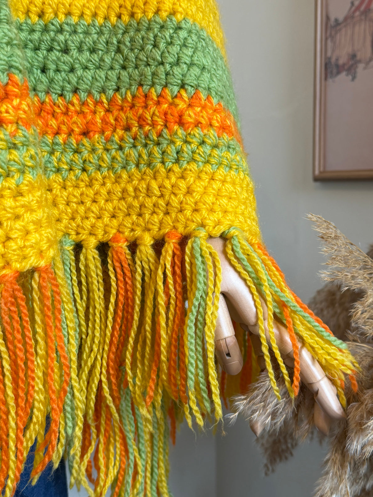 Vintage 1970s Multicolour Crochet Striped Fringed Poncho