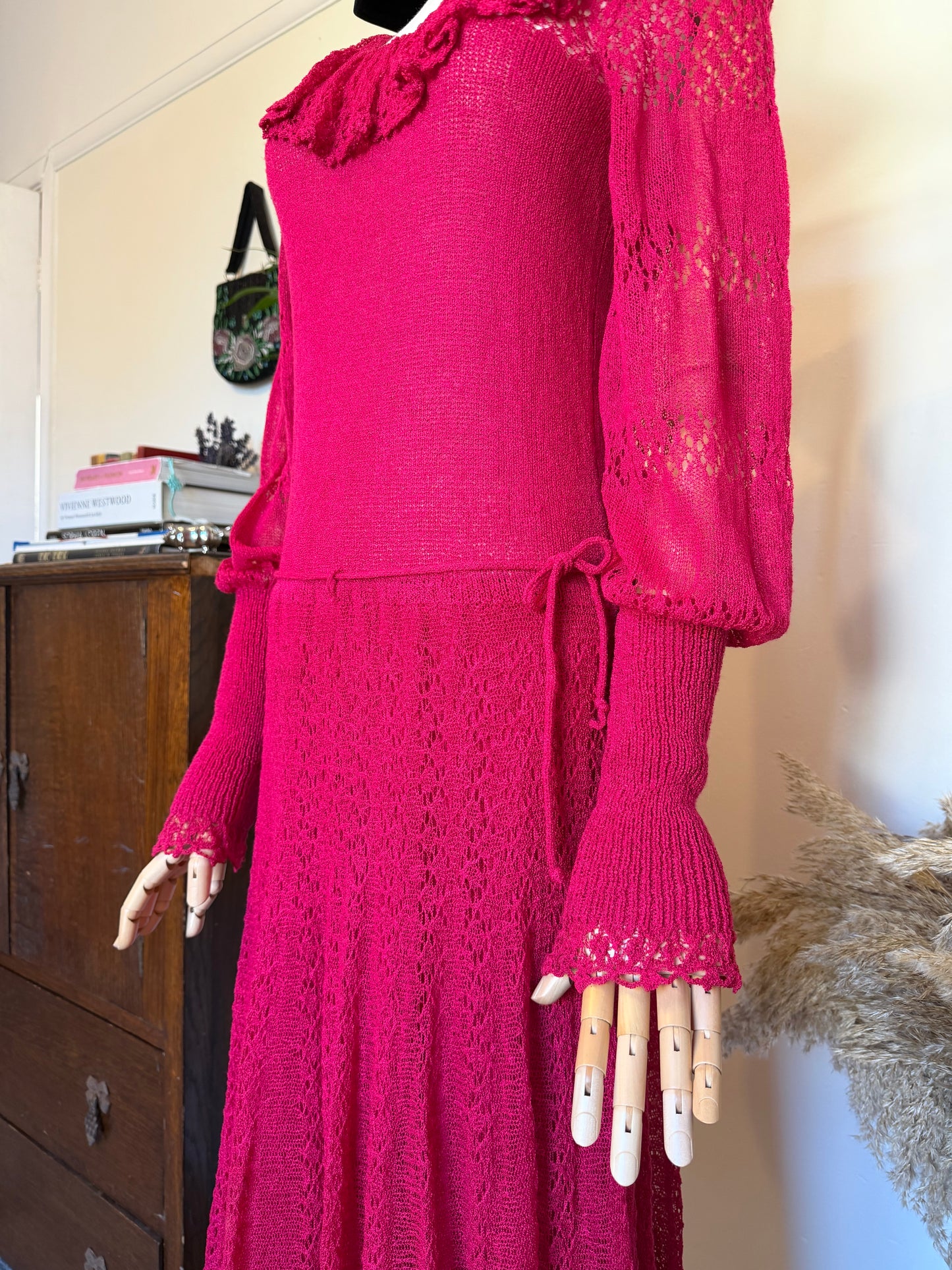 Vintage 1970s Crochet Lace Raspberry Maxi Dress - Size Small