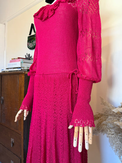 Vintage 1970s Crochet Lace Raspberry Maxi Dress - Size Small