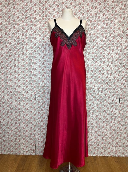 Vintage Oscar de la Renta Red Satin Full Length Slip Dress with Lace