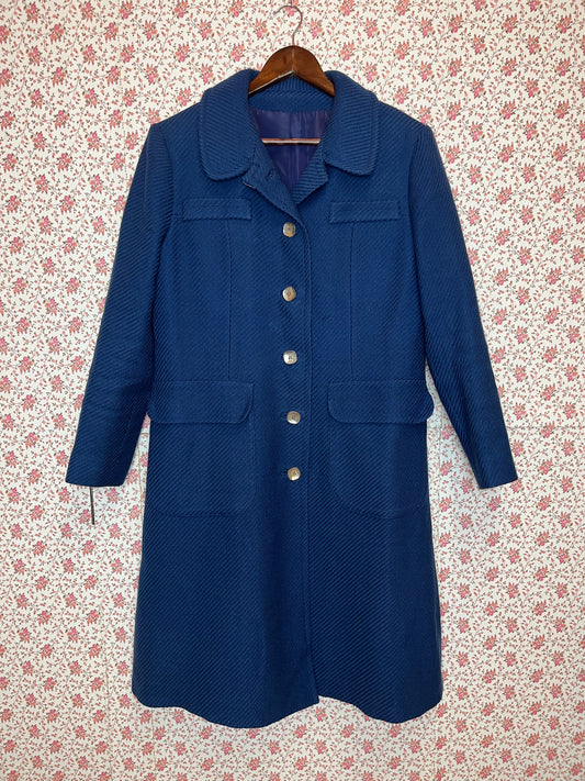 Vintage 1960s Navy Blue Wool Twill Mid Length Coat