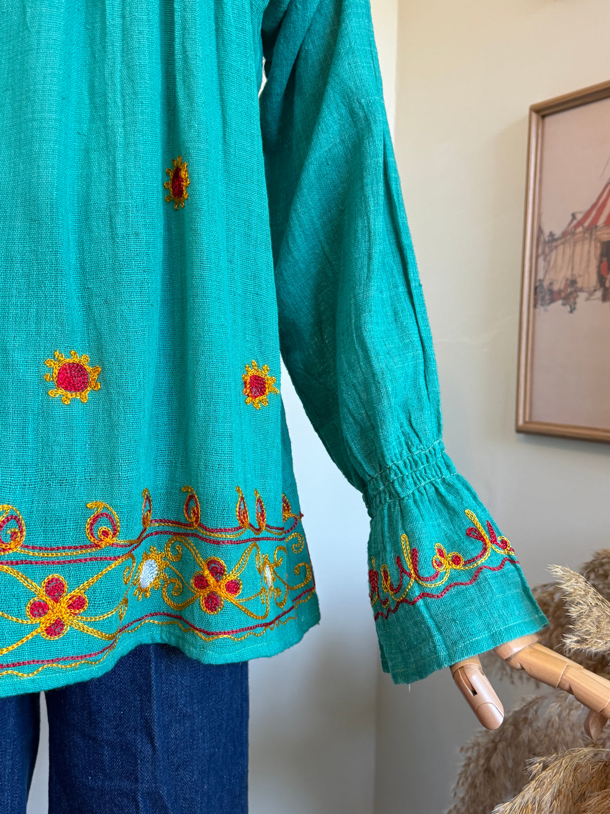 Vintage 1970s Turquoise Embroidered Cotton Smock Top - Size Medium