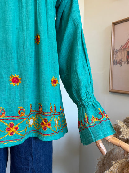 Vintage 1970s Turquoise Embroidered Cotton Smock Top - Size Medium