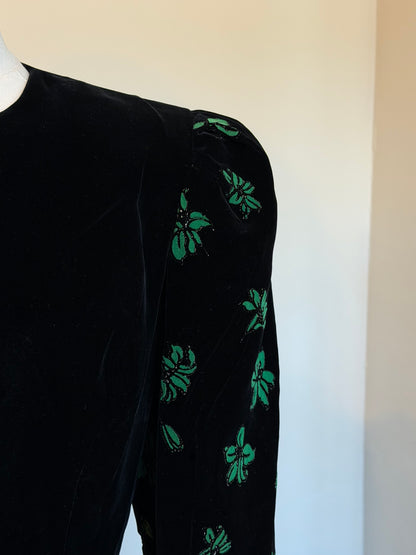 Vintage 1980s Black Velvet Green Floral Jacket - Size Medium