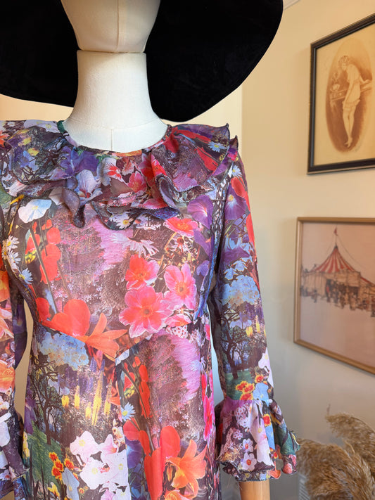 Vintage 1970s Hand Made Photographic Floral Print Frilled Maxi Dress