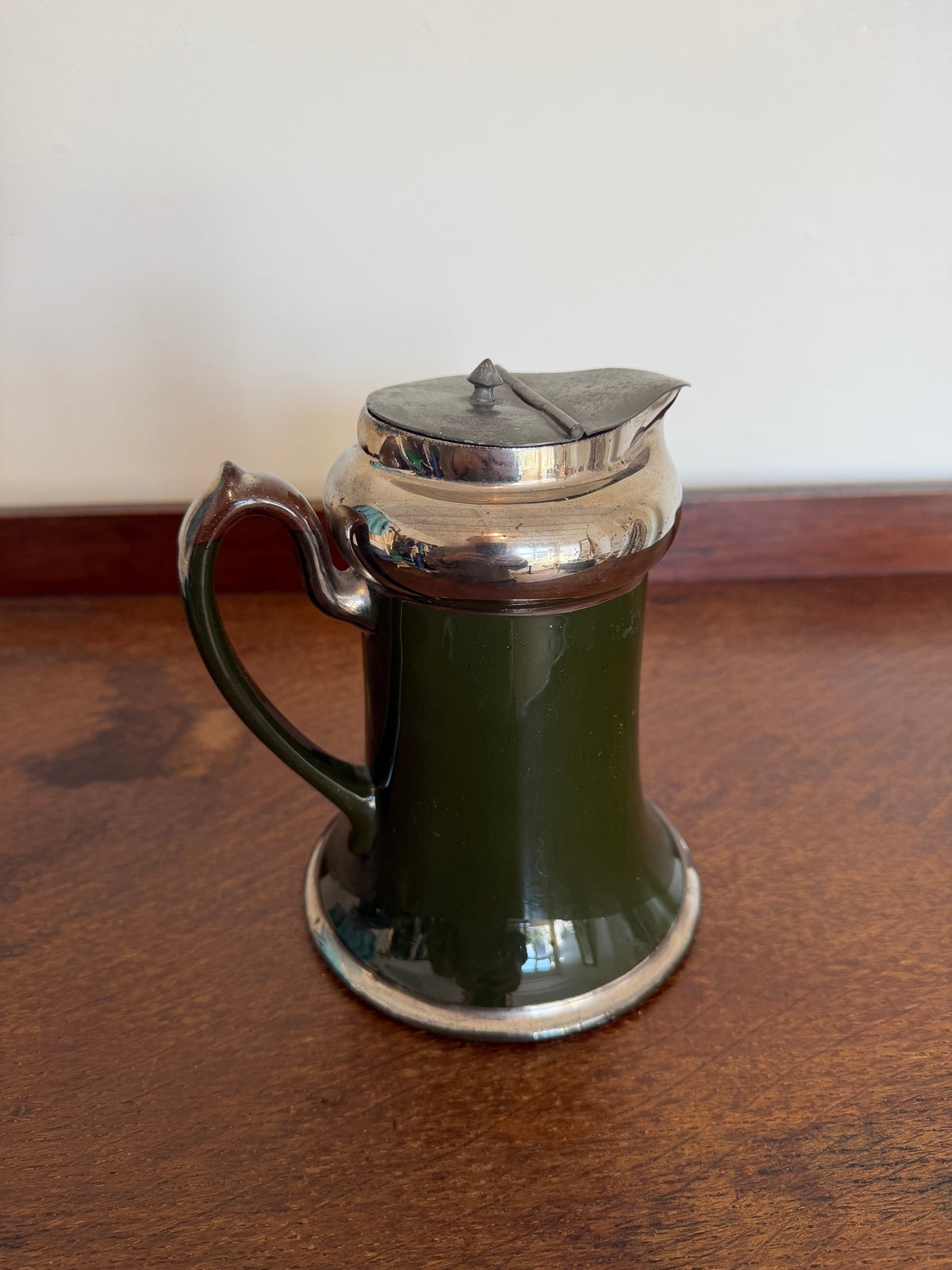 Vintage 1950s Green Ceramic and Silver Lidded Jug