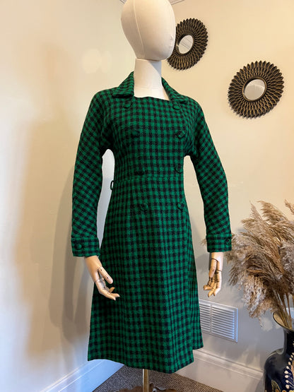 Vintage 1950s Green & Black Checked Wool Coat