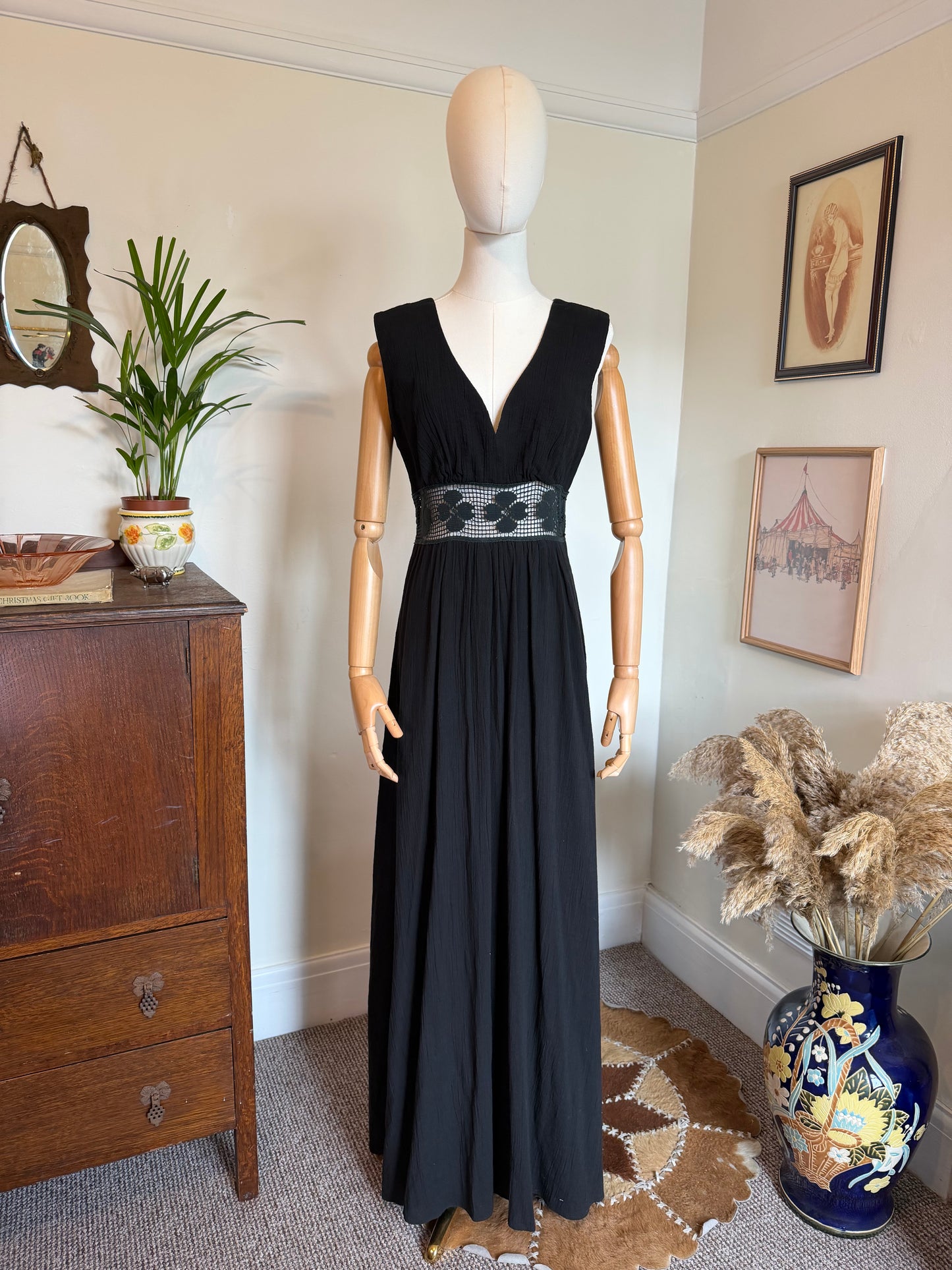 Vintage 1970s Black Cotton Cheesecloth Maxi Dress with Crochet Waist Detail