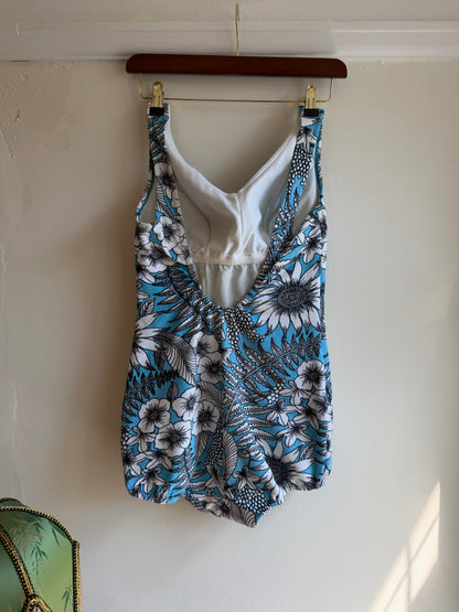 Vintage 1970s Tropical Blue Floral Swimsuit