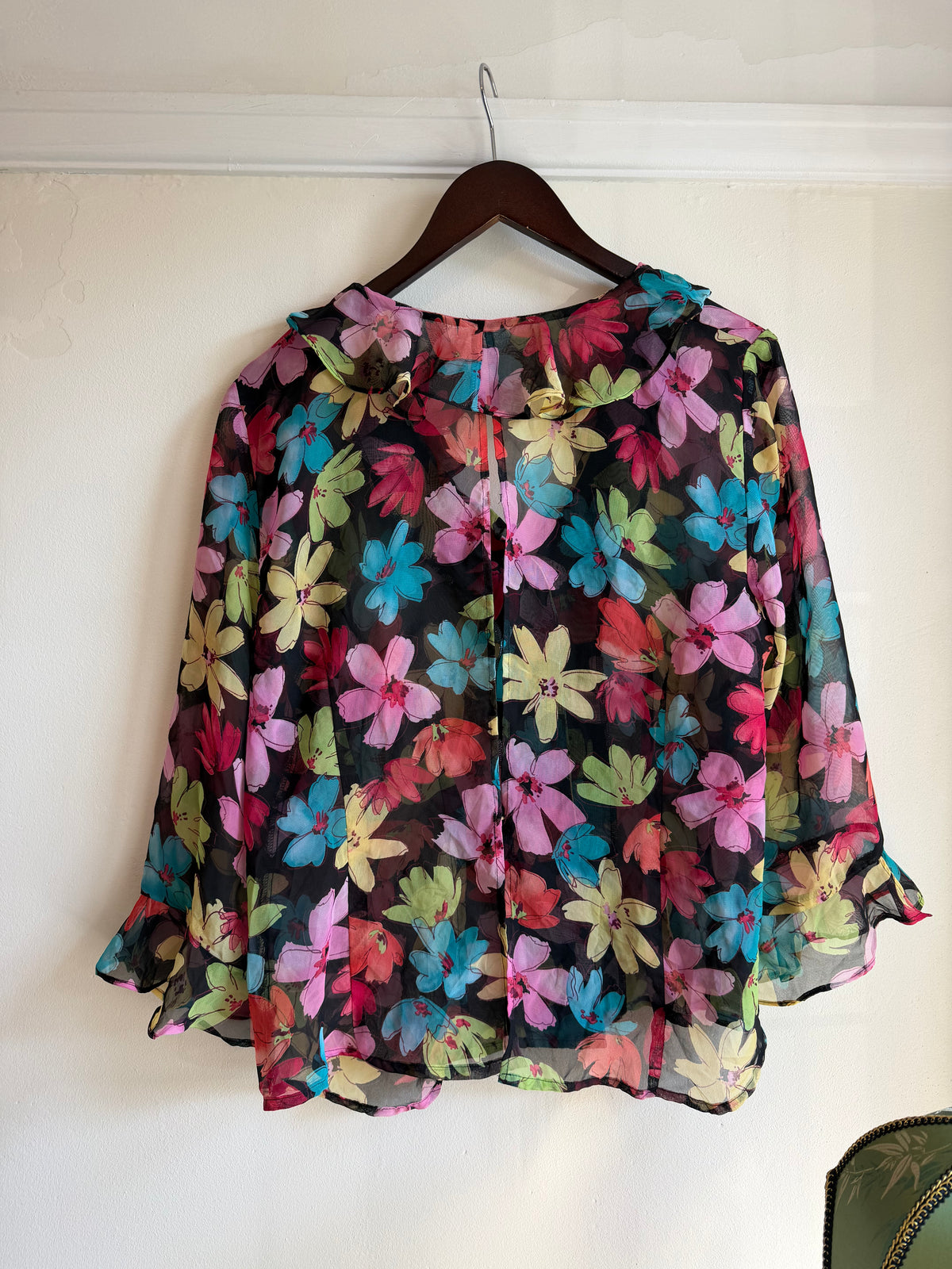 Vintage 1980s Floral Sheer Ruffle Blouse - Size Large