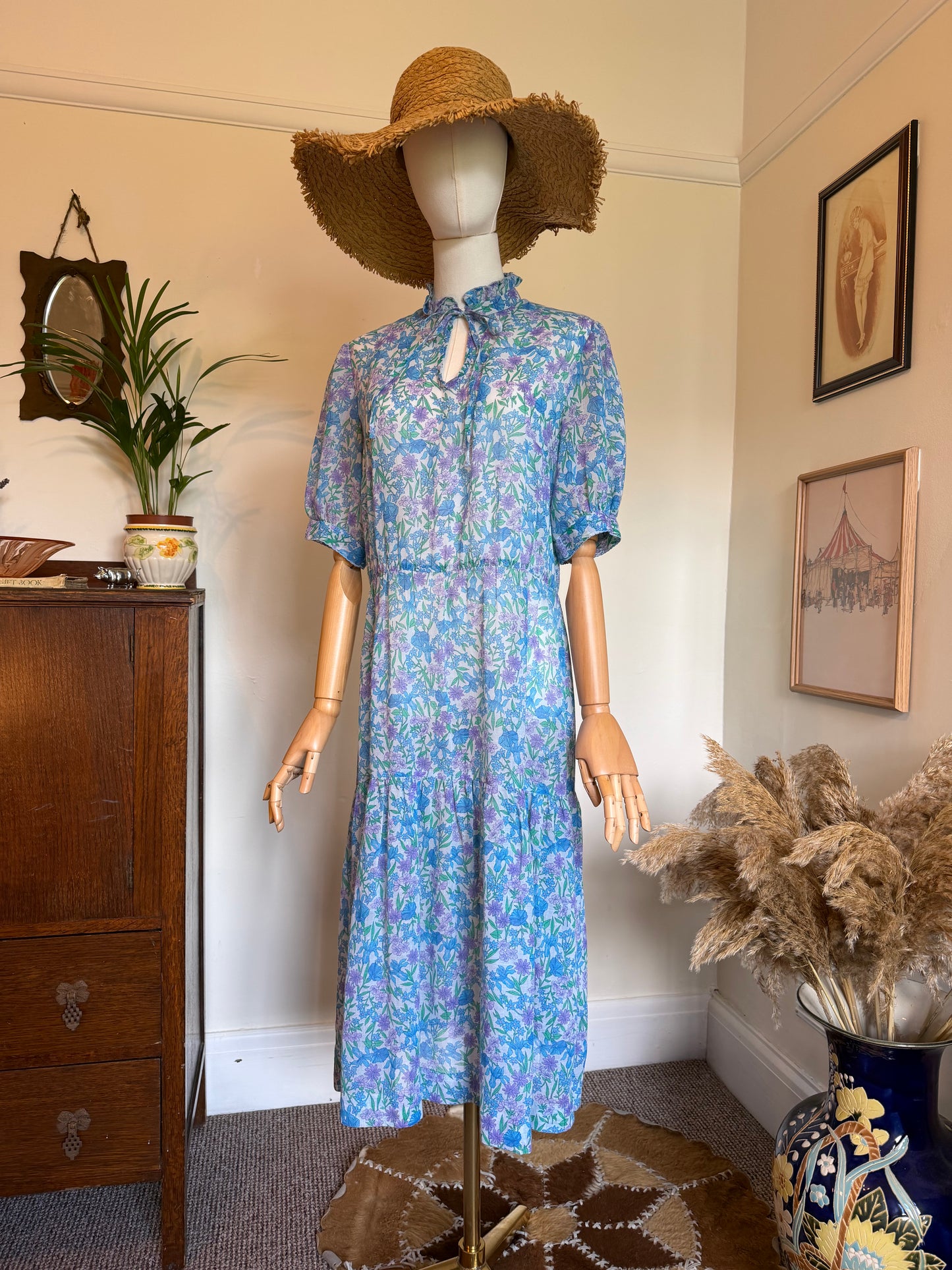 Vintage 1970s Cotton Lawn Floral Tiered Dress - Size Large