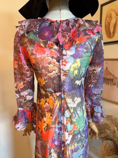 Vintage 1970s Hand Made Photographic Floral Print Frilled Maxi Dress