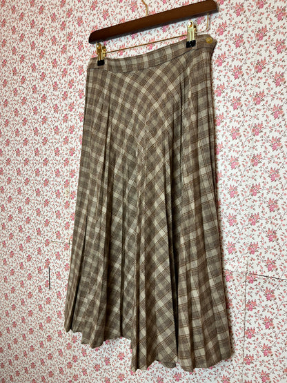 Vintage 1970s Wool Blend Checked Pleated Midi Skirt in Beige