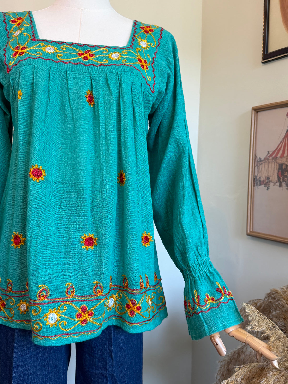 Vintage 1970s Turquoise Embroidered Cotton Smock Top - Size Medium