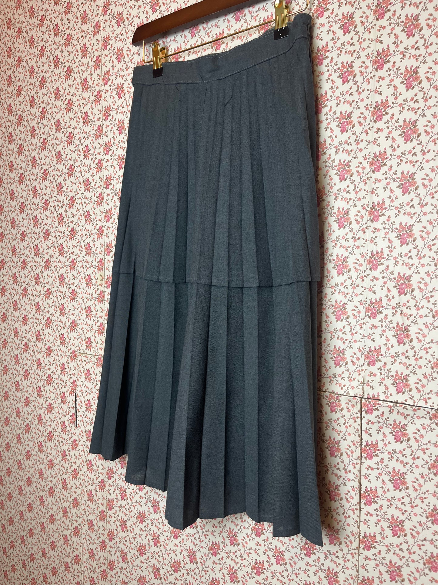 Vintage 1970s Grey Layered Pleated Wrap Midi Skirt