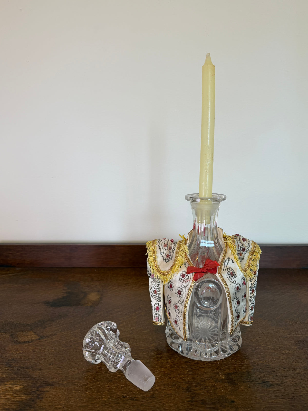 Vintage Crystal Glass Decanter with Embroidered Spanish Bottle Cover