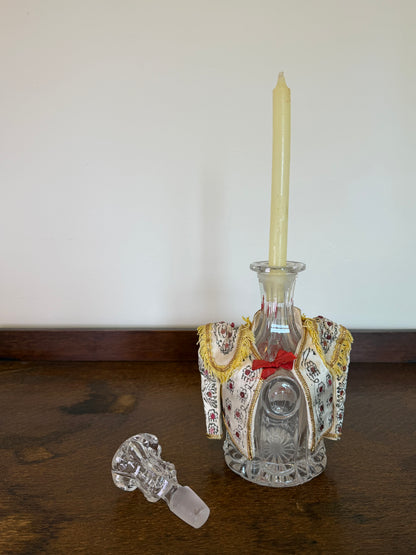 Vintage Crystal Glass Decanter with Embroidered Spanish Bottle Cover