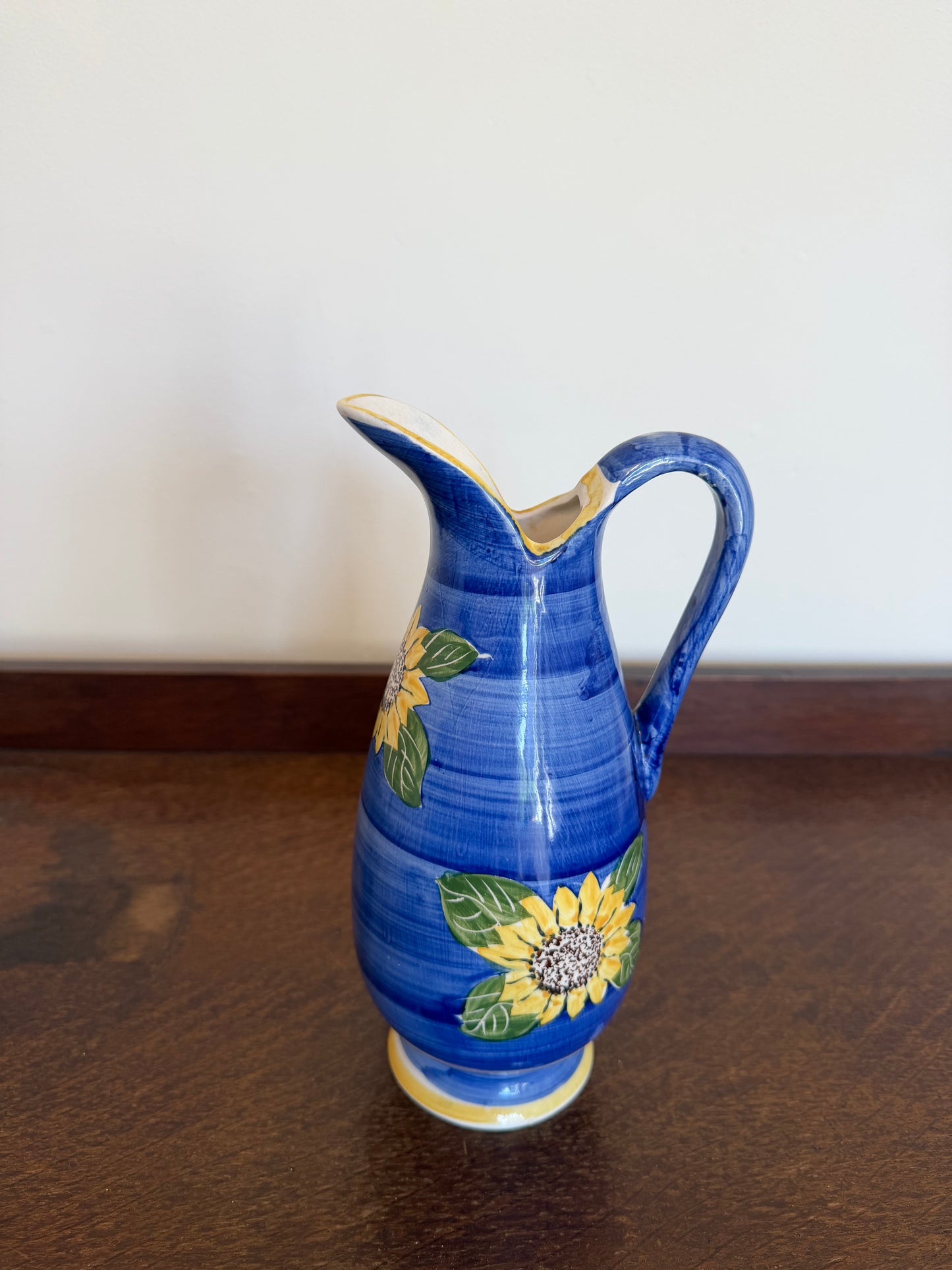 Vintage Hand-Painted Blue Sunflower Ceramic Jug