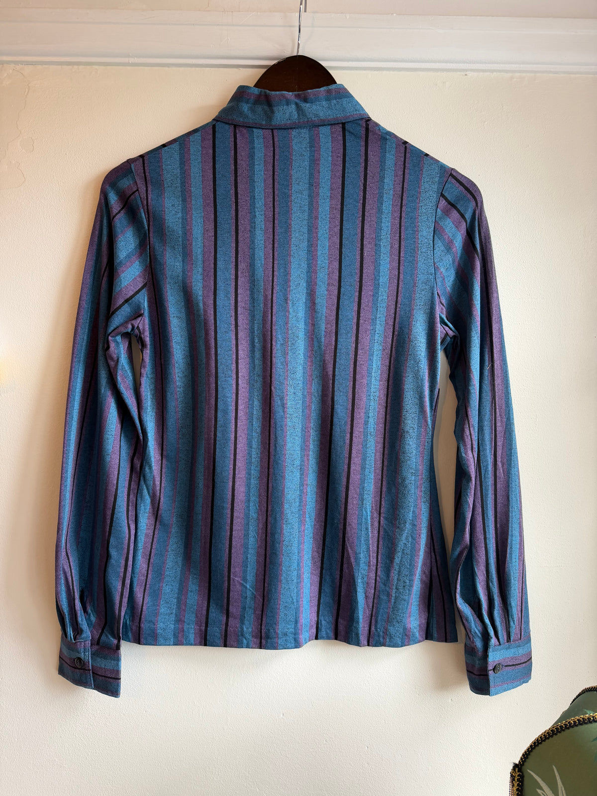 Vintage 1970s Blue and Purple Striped Long Sleeve Blouse - Size Small